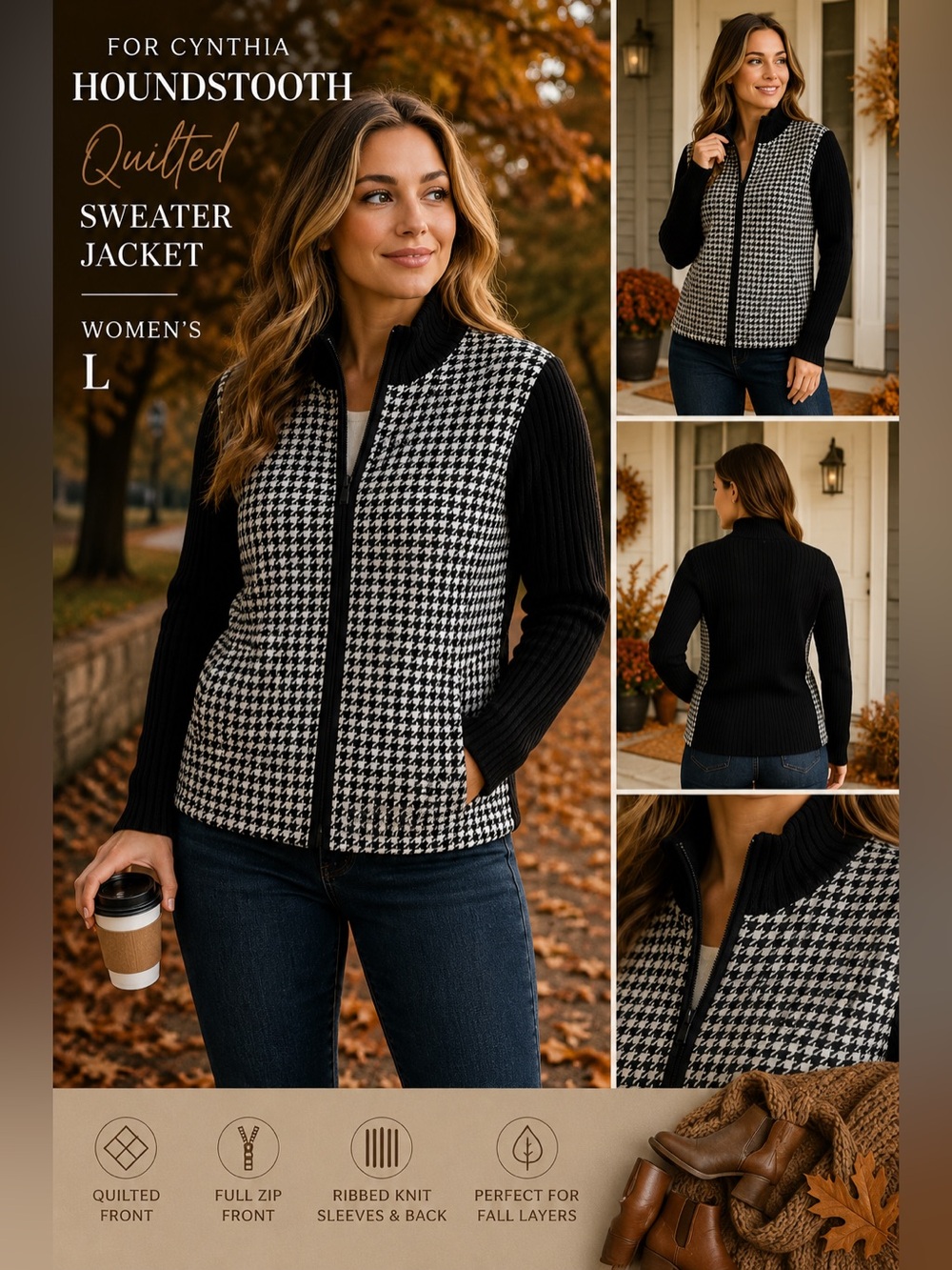 For Cynthia Houndstooth Quilted Knit Full Zip Sweater Jacket Women’s L